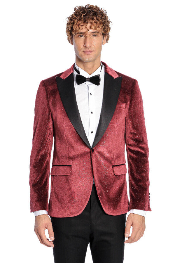 Simli Slim Fit Kadife Bordo Erkek Smokin Ceket - Wessi