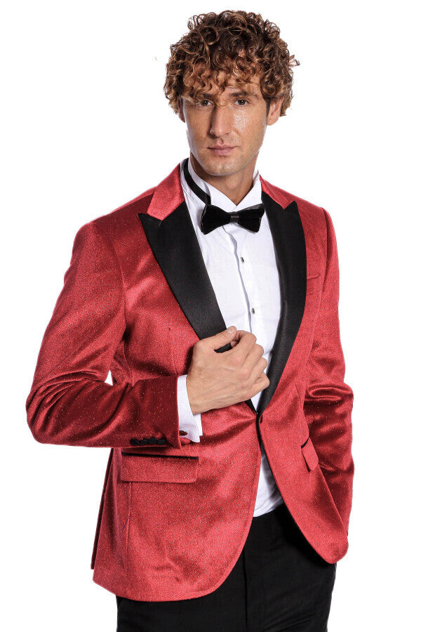 Simli Slim Fit Kadife Kırmızı Erkek Smokin Ceket - Wessi
