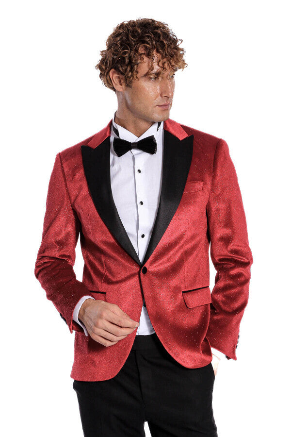 Simli Slim Fit Kadife Kırmızı Erkek Smokin Ceket - Wessi