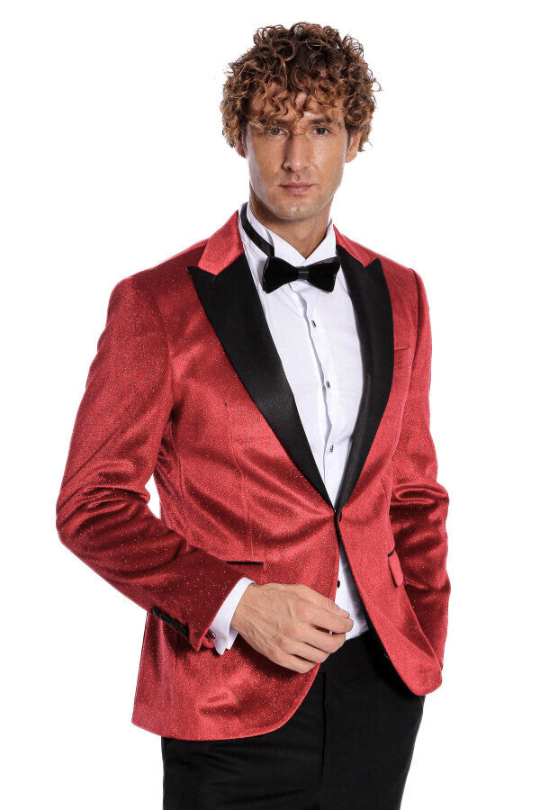 Simli Slim Fit Kadife Kırmızı Erkek Smokin Ceket - Wessi