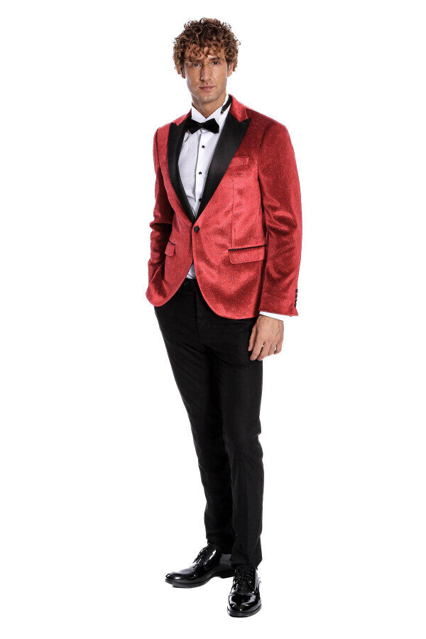 Simli Slim Fit Kadife Kırmızı Erkek Smokin Ceket - Wessi