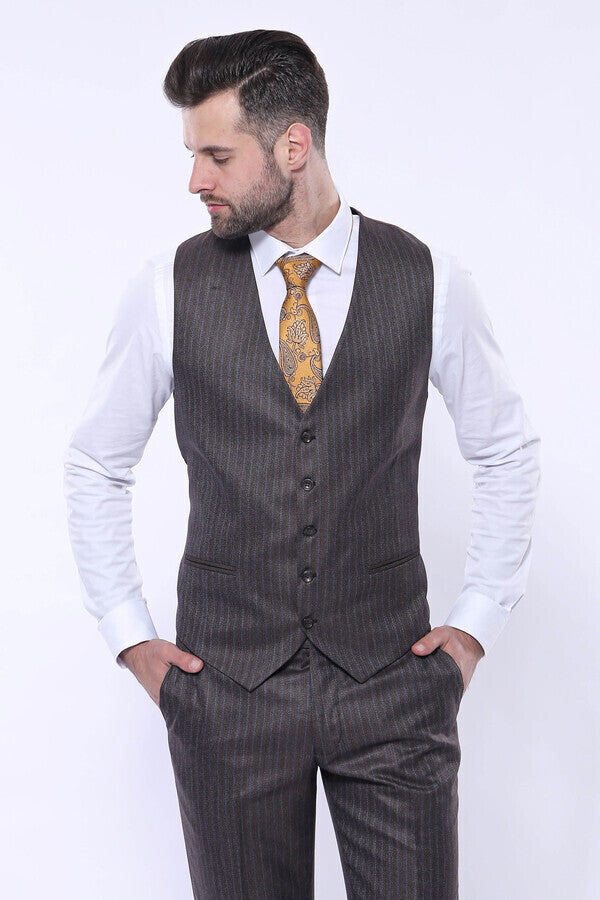 Çizgili Slim Fit Kahverengi Yelekli Takım Elbise | Wessi