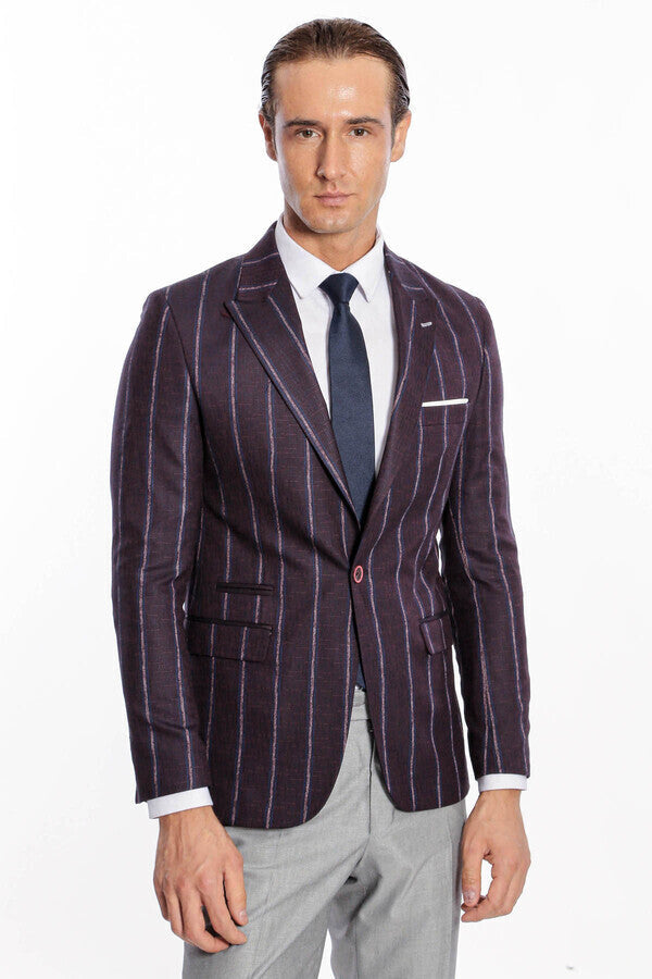 Çizgili Slim Fit Bordo Erkek Ceket - Wessi