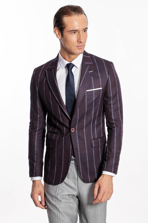 Çizgili Slim Fit Bordo Erkek Ceket - Wessi