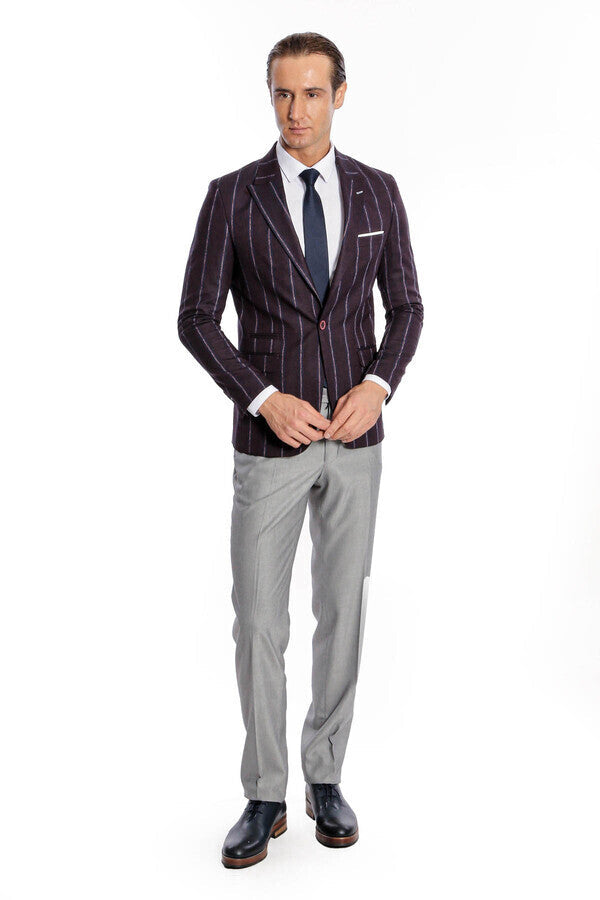Çizgili Slim Fit Bordo Erkek Ceket - Wessi