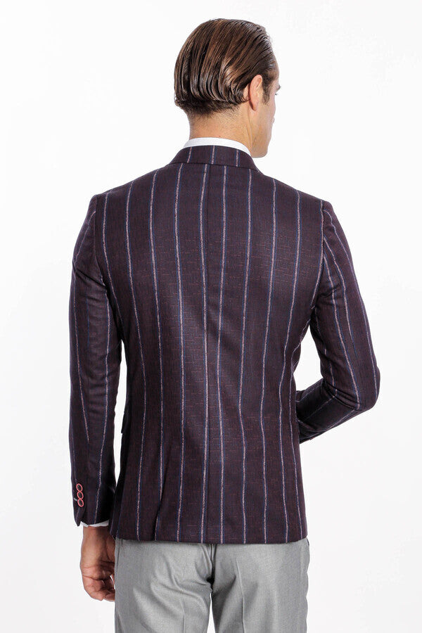 Çizgili Slim Fit Bordo Erkek Ceket - Wessi