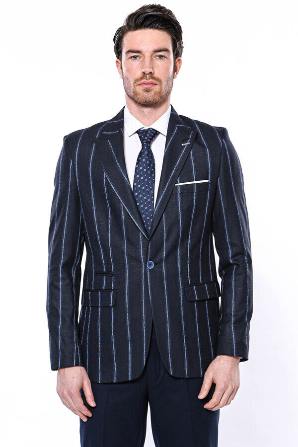 Çizgili Lacivert Slim Fit Ceket | Wessi