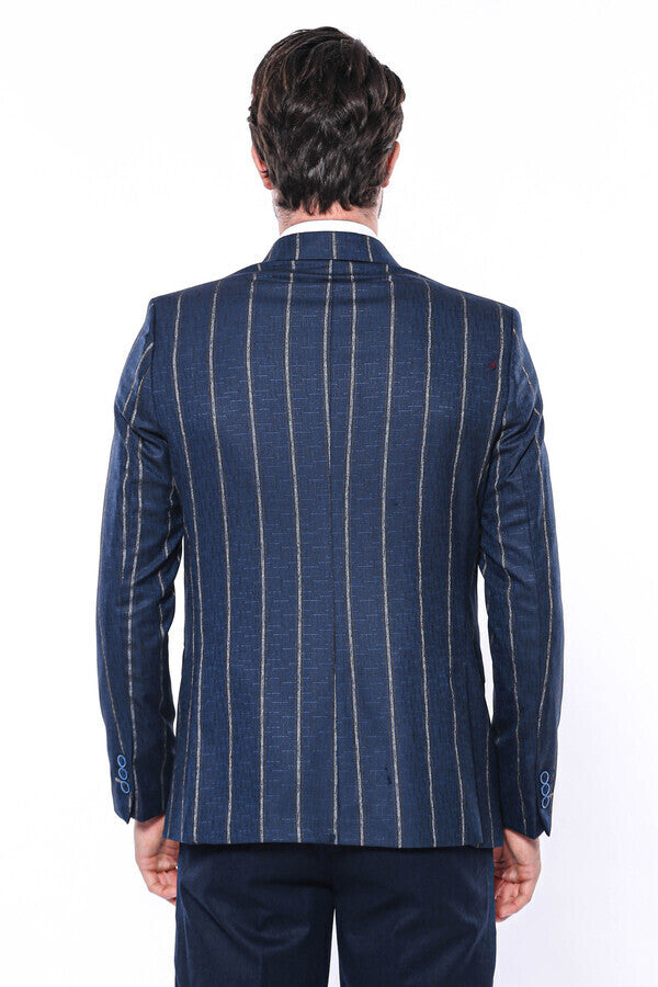 Çizgili Açık Slim Fit Lacivert Erkek Ceket - Wessi