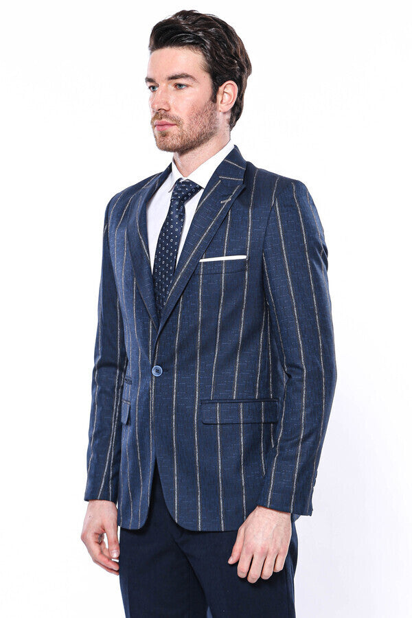 Çizgili Açık Slim Fit Lacivert Erkek Ceket - Wessi