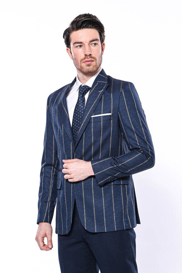 Çizgili Açık Slim Fit Lacivert Erkek Ceket - Wessi