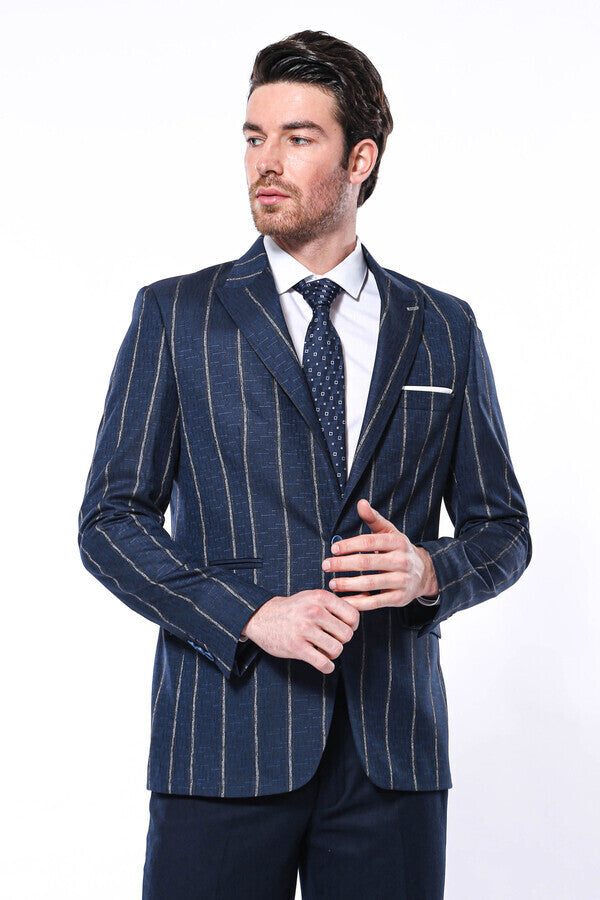 Çizgili Açık Slim Fit Lacivert Erkek Ceket - Wessi