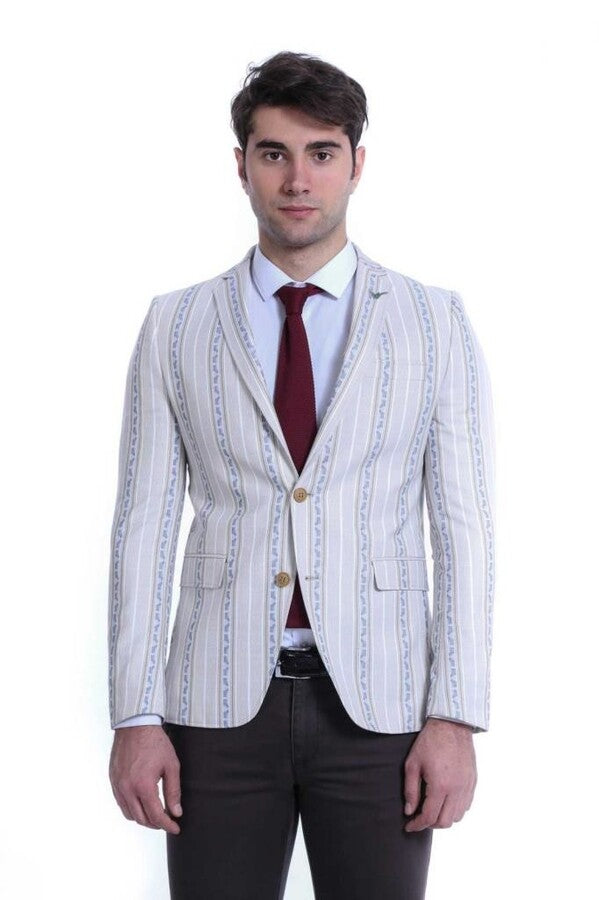 Çizgili Bej Slim Fit Ceket - Wessi