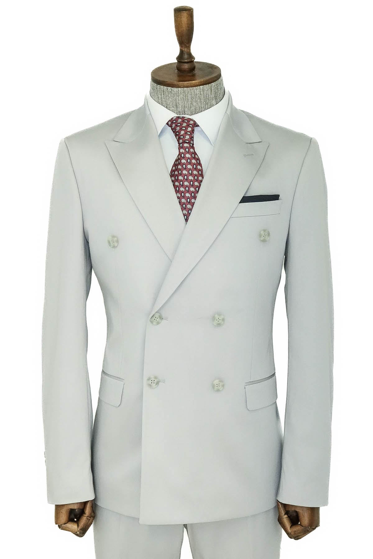 Geniş Sivri Yakalı Slim Fit Açık Gri Erkek Kruvaze Takım Elbise - Wessi