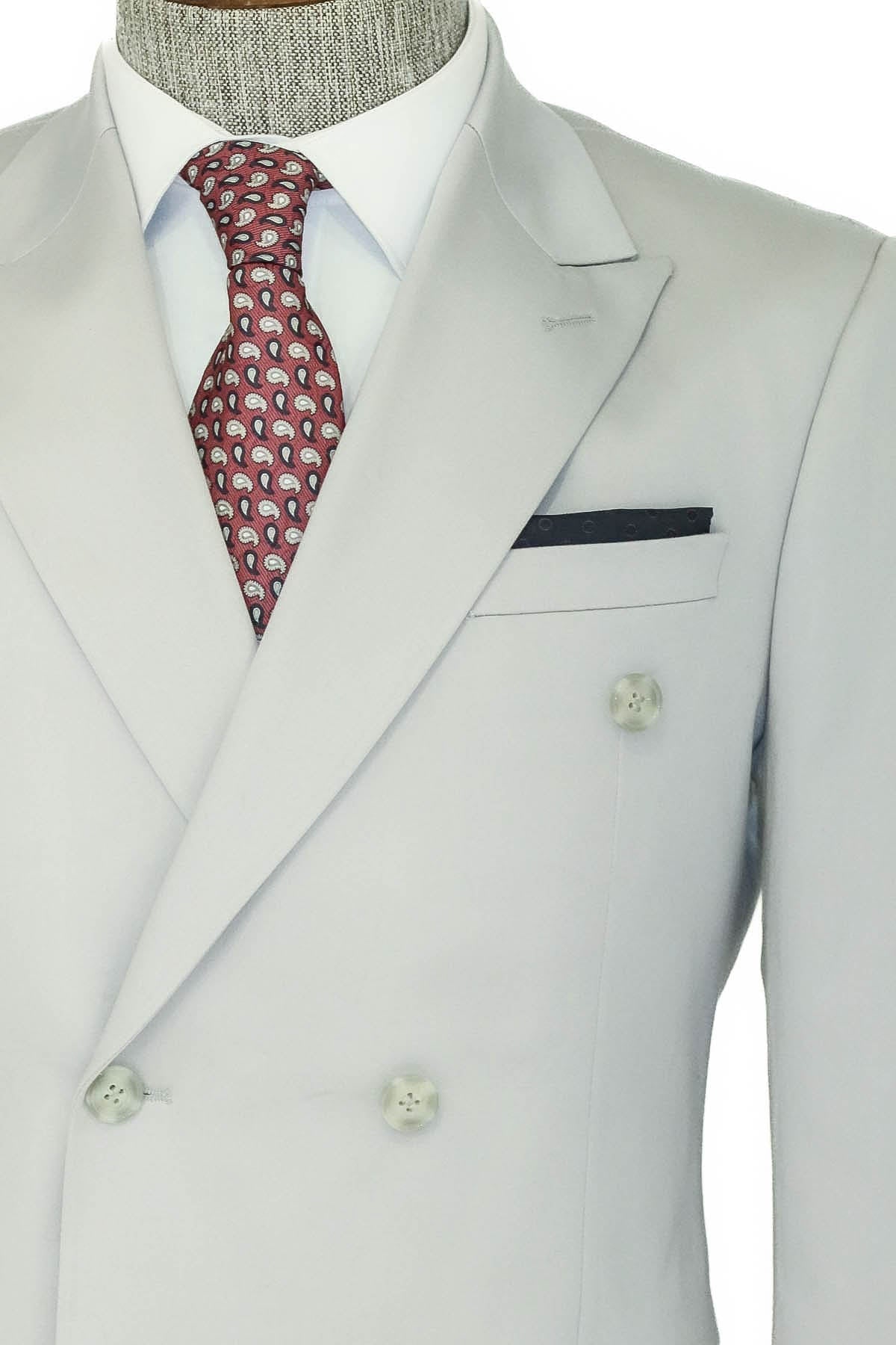 Geniş Sivri Yakalı Slim Fit Açık Gri Erkek Kruvaze Takım Elbise - Wessi