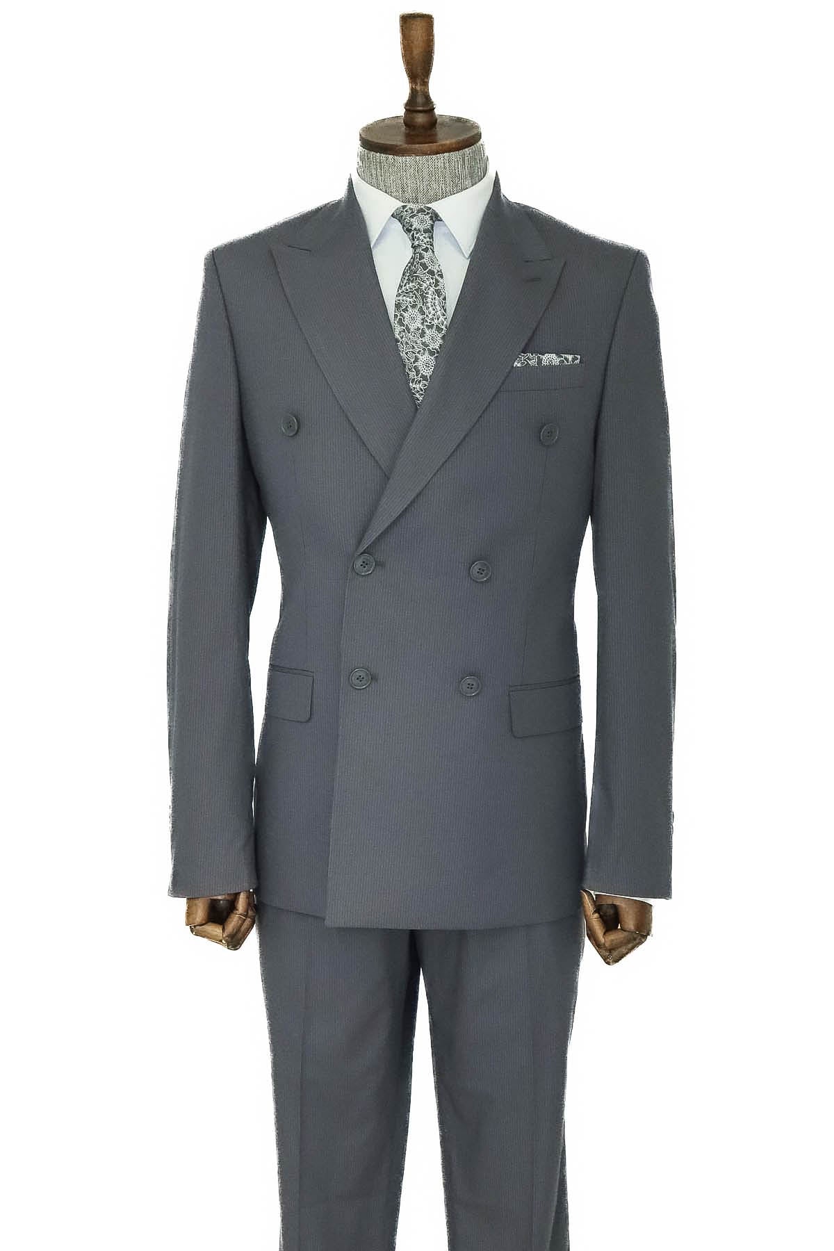 Geniş Sivri Yakalı Çizgili Desenli Slim Fit Gri Erkek Kruvaze Takım Elbise - Wessi