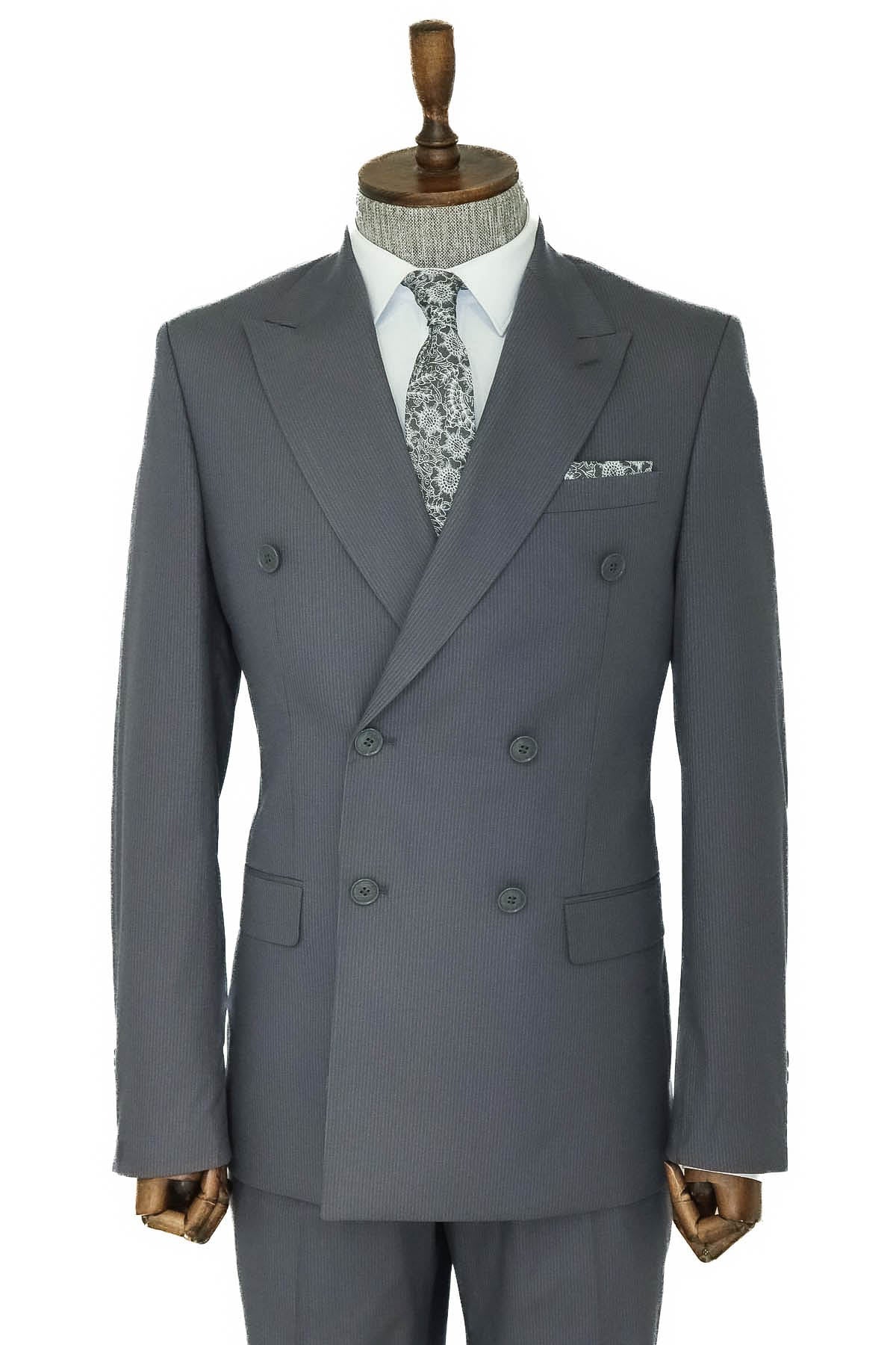 Geniş Sivri Yakalı Çizgili Desenli Slim Fit Gri Erkek Kruvaze Takım Elbise - Wessi