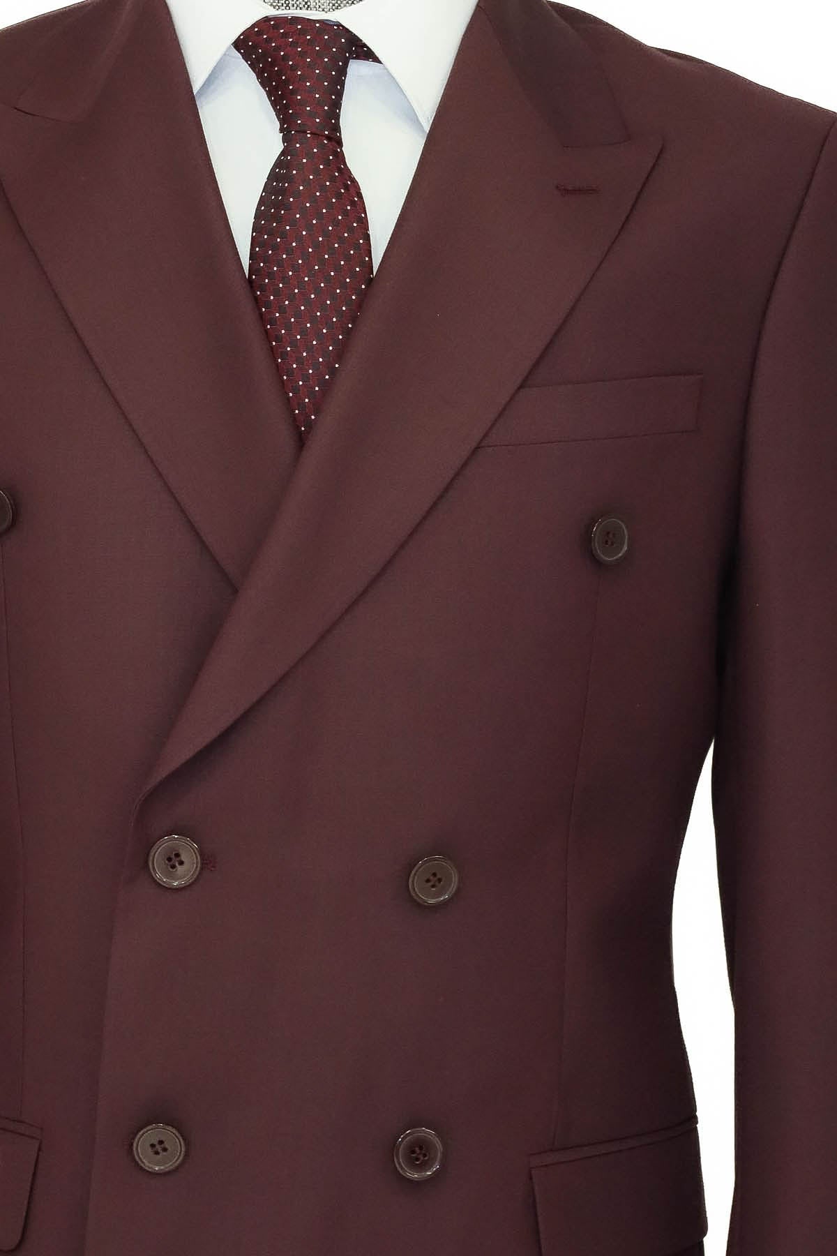 Geniş Sivri Yakalı Slim Fit Bordo Erkek Kruvaze Takım Elbise - Wessi