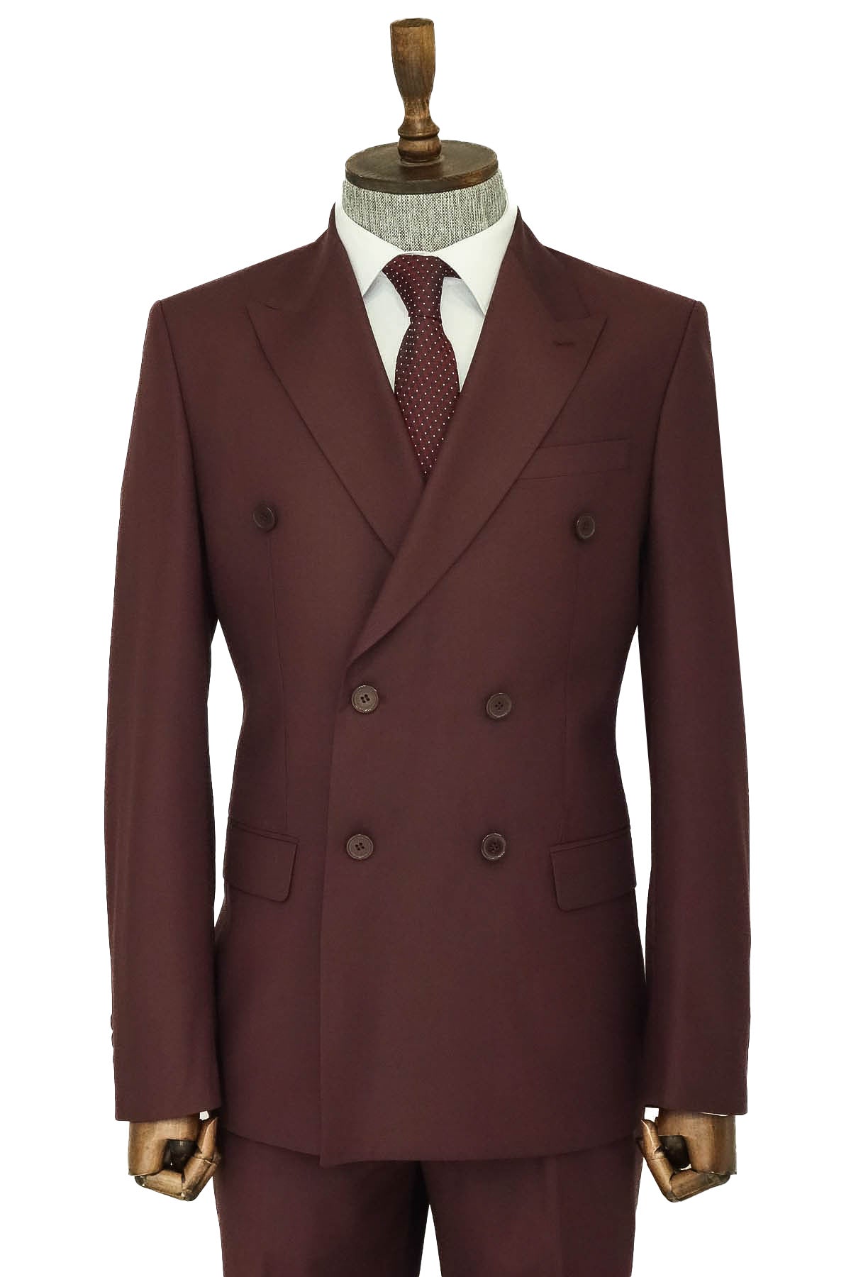 Geniş Sivri Yakalı Slim Fit Bordo Erkek Kruvaze Takım Elbise - Wessi