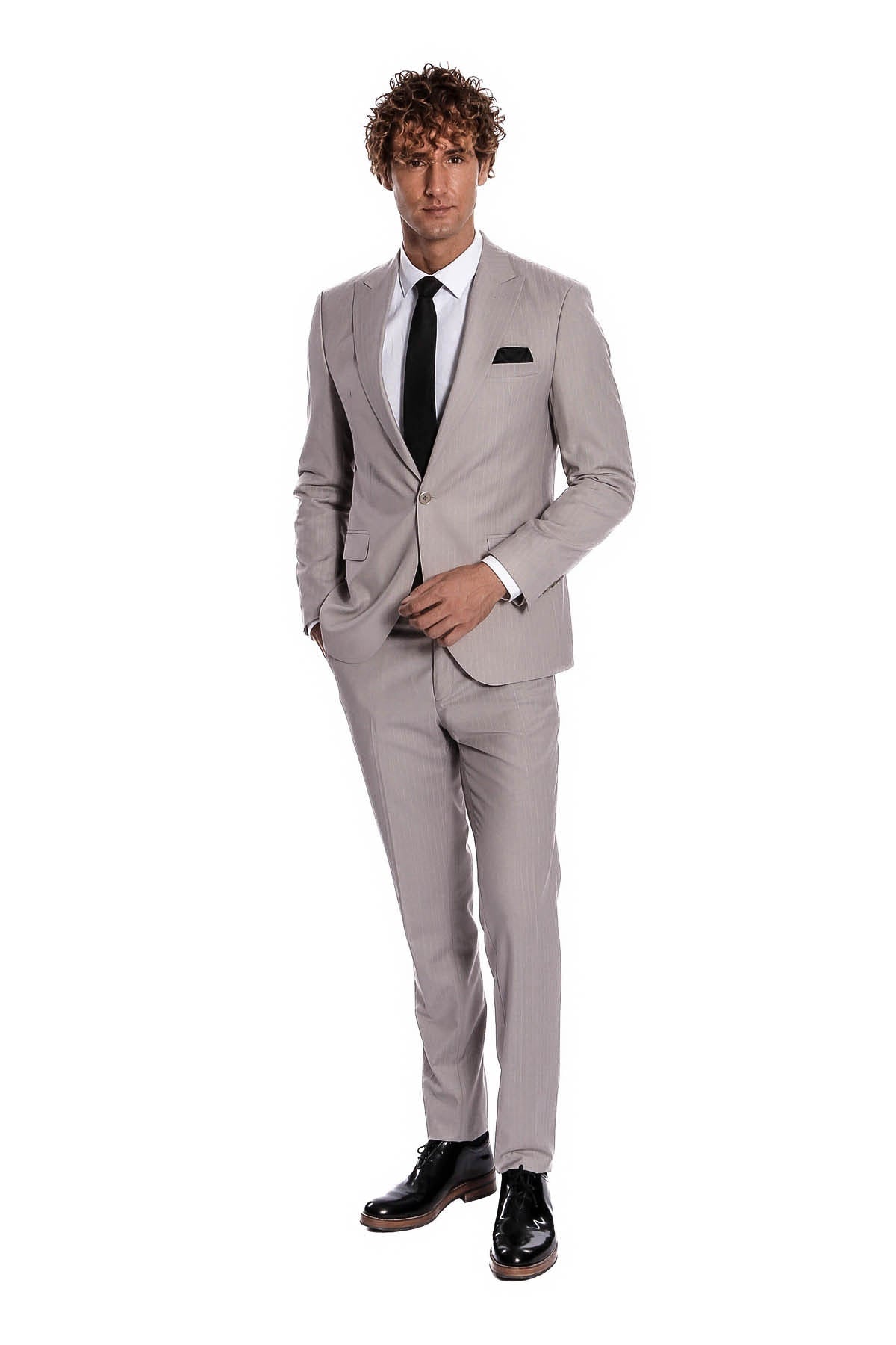 İki Parça Çizgili Slim Fit Gri Erkek Takım Elbise - Wessi