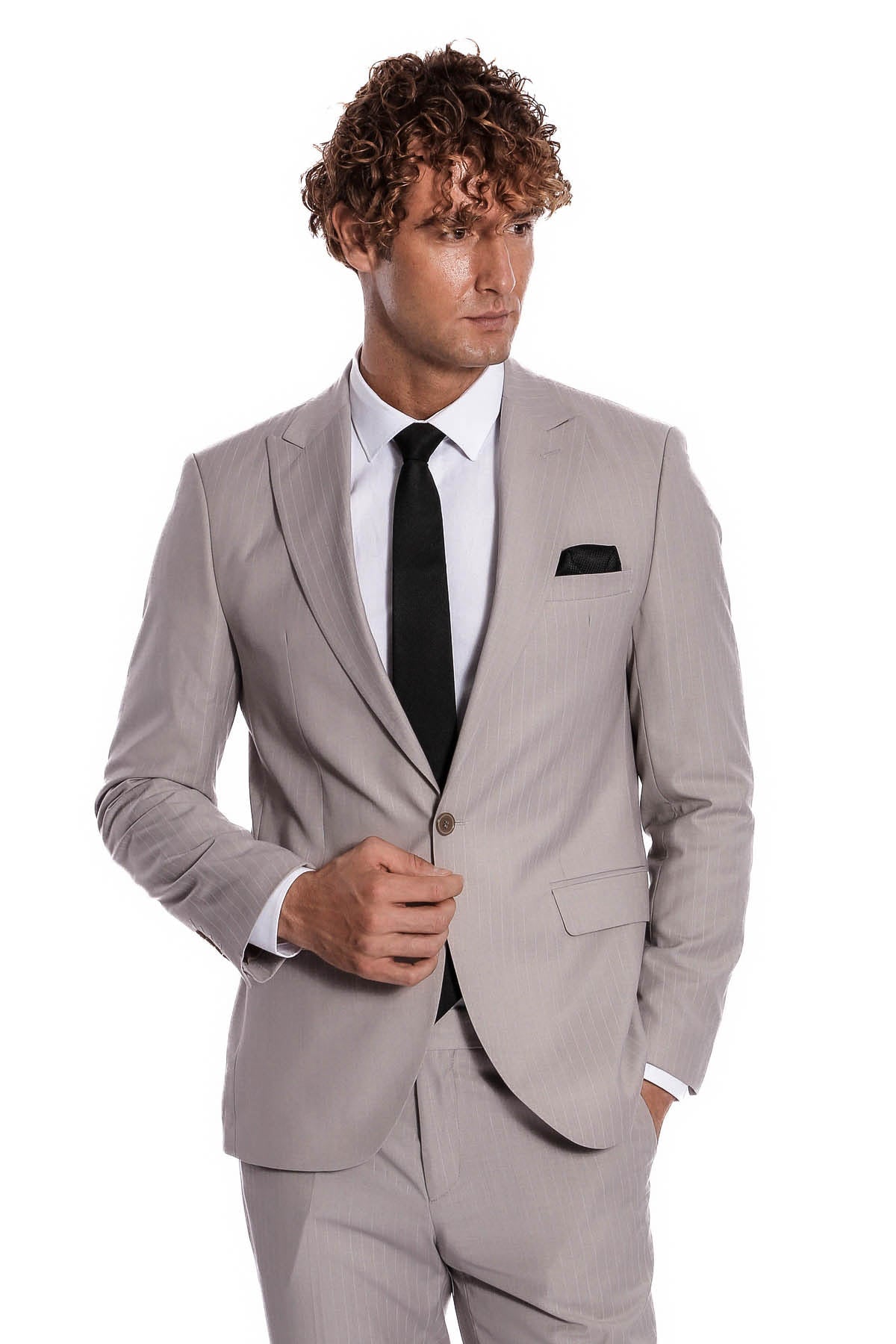 İki Parça Çizgili Slim Fit Gri Erkek Takım Elbise - Wessi