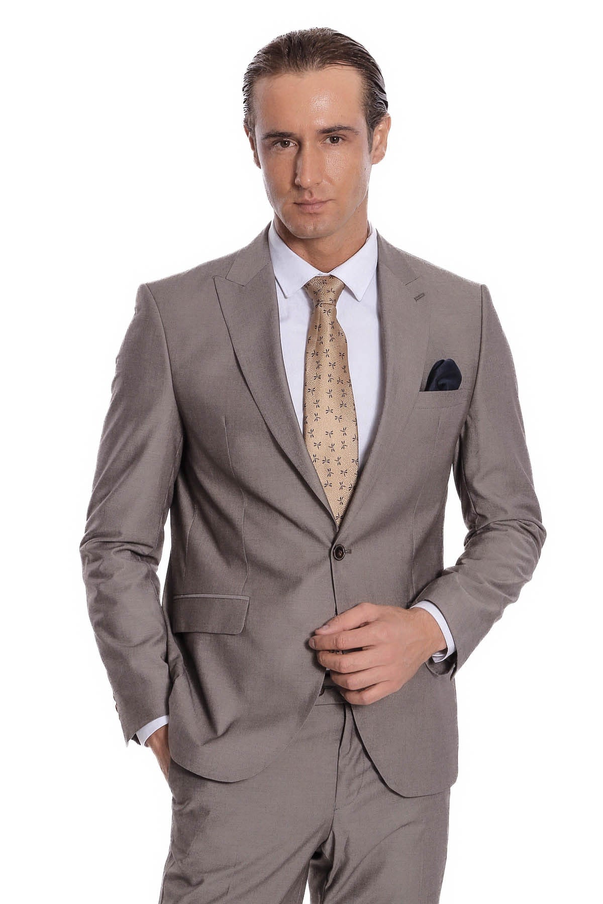 Desensiz İki Parça Slim Fit Soluk Kahverengi Erkek Takım Elbise - Wessi