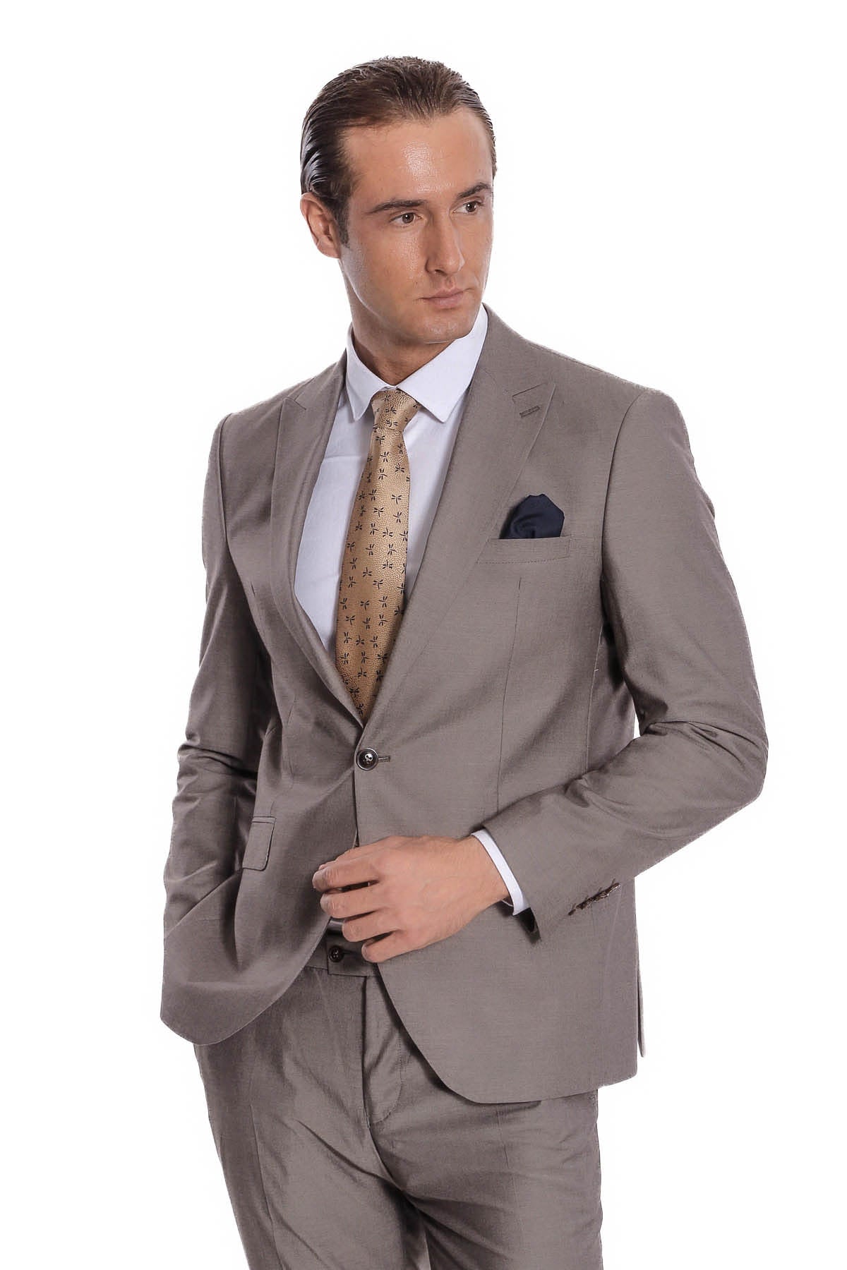 Desensiz İki Parça Slim Fit Soluk Kahverengi Erkek Takım Elbise - Wessi