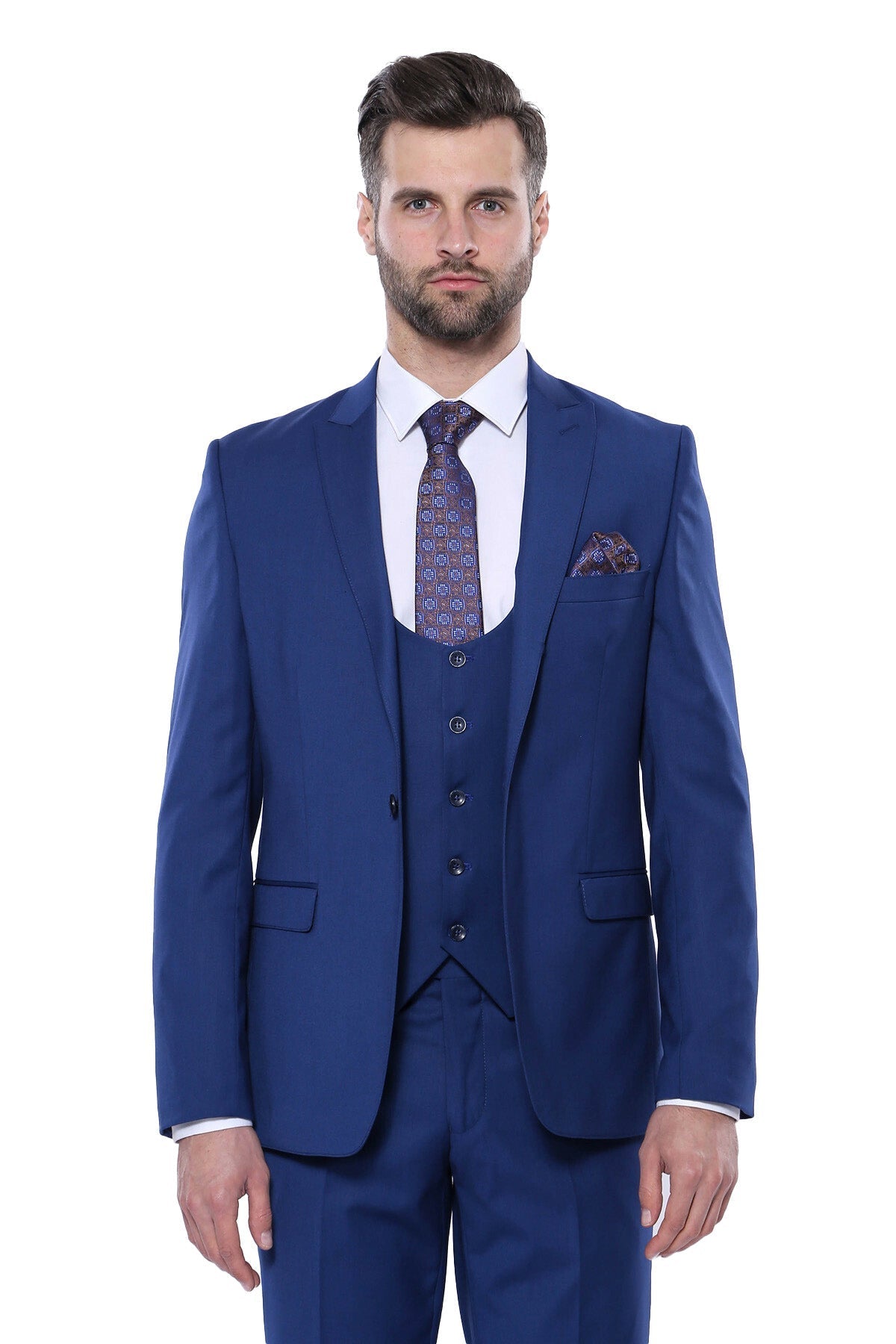 Düz Lacivert Sivri Yaka Slim Fit Yelekli Takım Elbise - Wessi