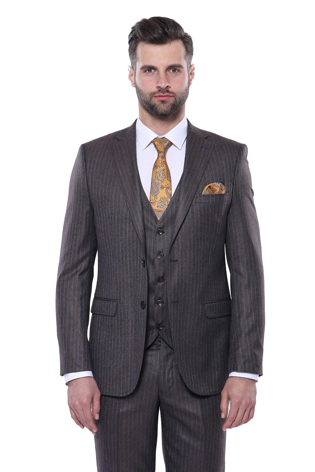 Çizgili Slim Fit Kahverengi Yelekli Takım Elbise | Wessi