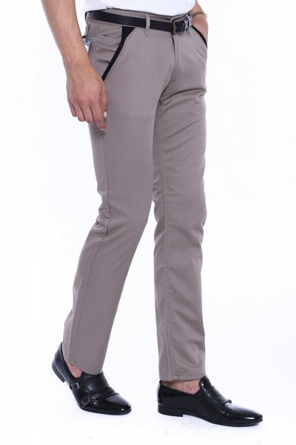 Garnili Cepli Desensiz Slim Fit Bej Erkek Pantolon - Wessi