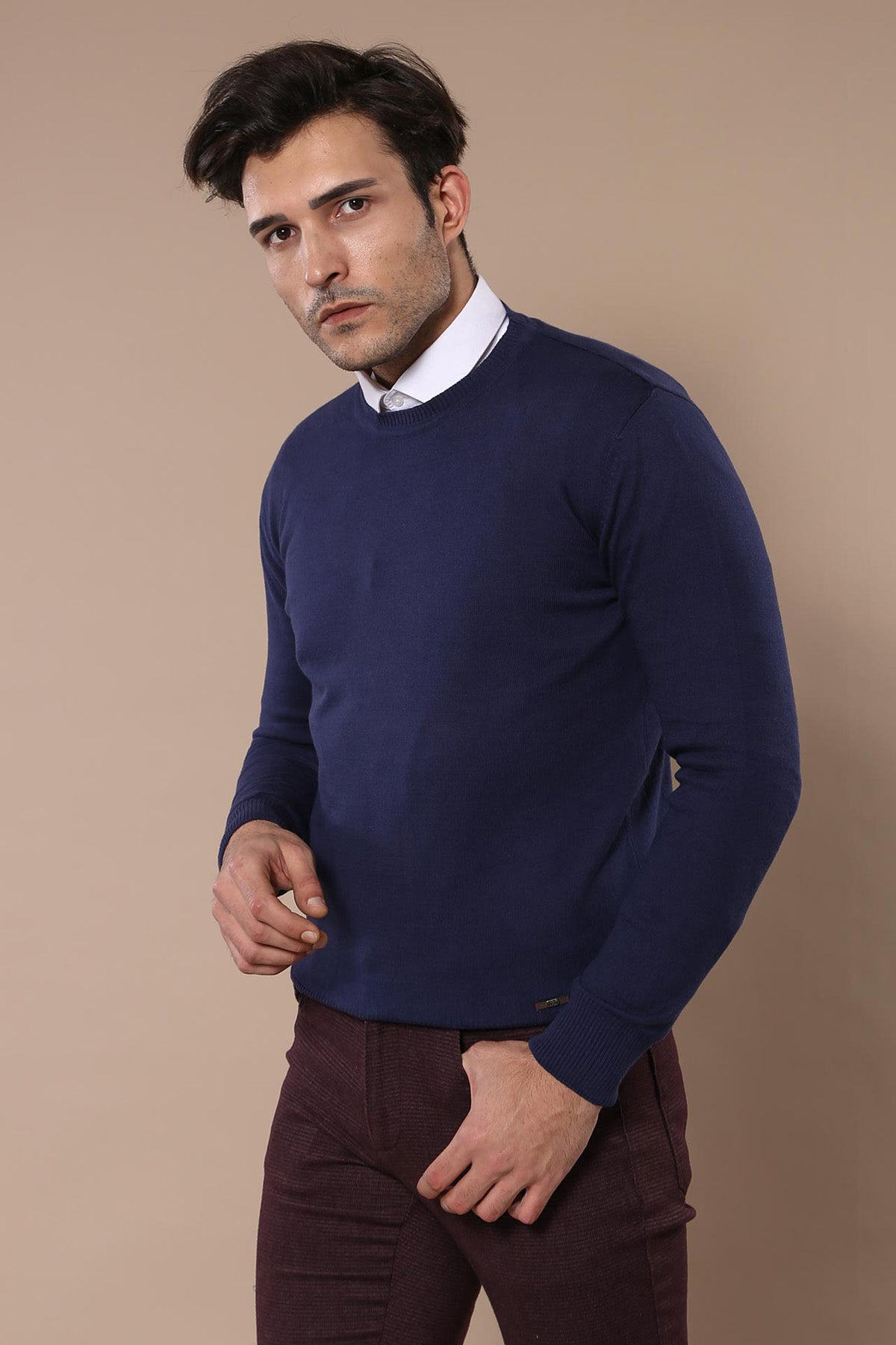 Bisiklet Yaka Lacivert Triko - Wessi