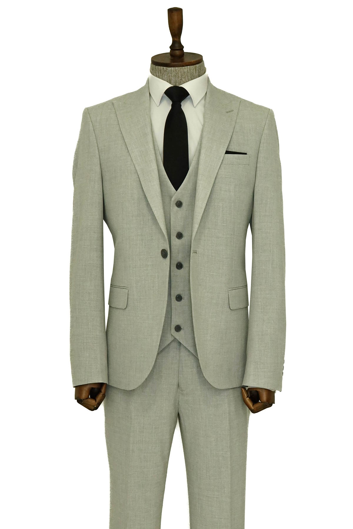 Tek Düğmeli Slim Fit Gri Yelekli Erkek Takım Elbise - Wessi