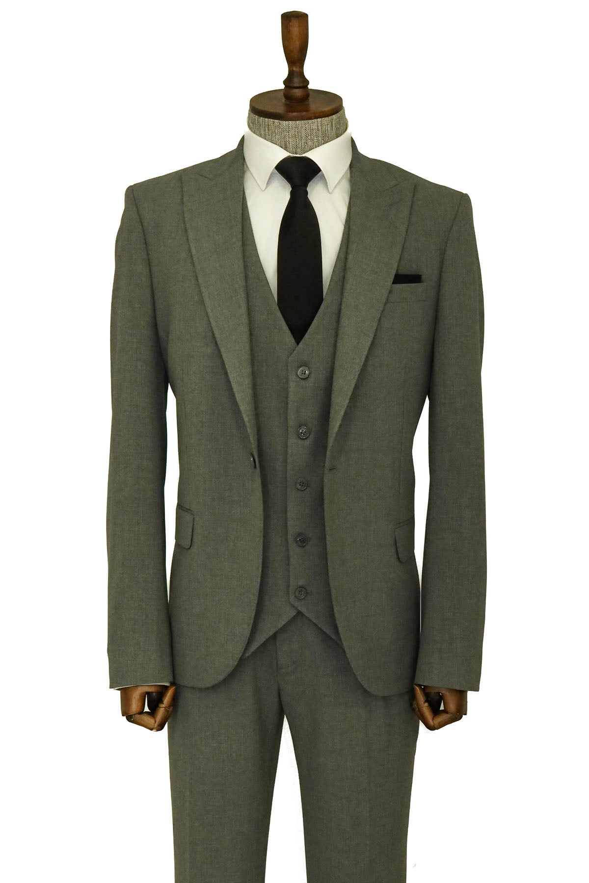 Tek Düğmeli Slim Fit Koyu Gri Yelekli Erkek Takım Elbise - Wessi