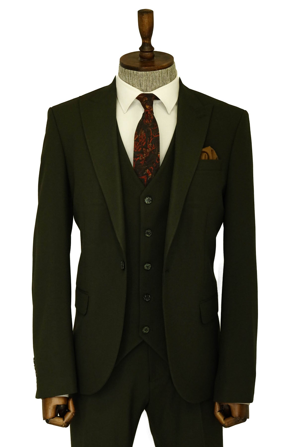 Tek Düğmeli Slim Fit Yeşil Yelekli Erkek Takım Elbise - Wessi