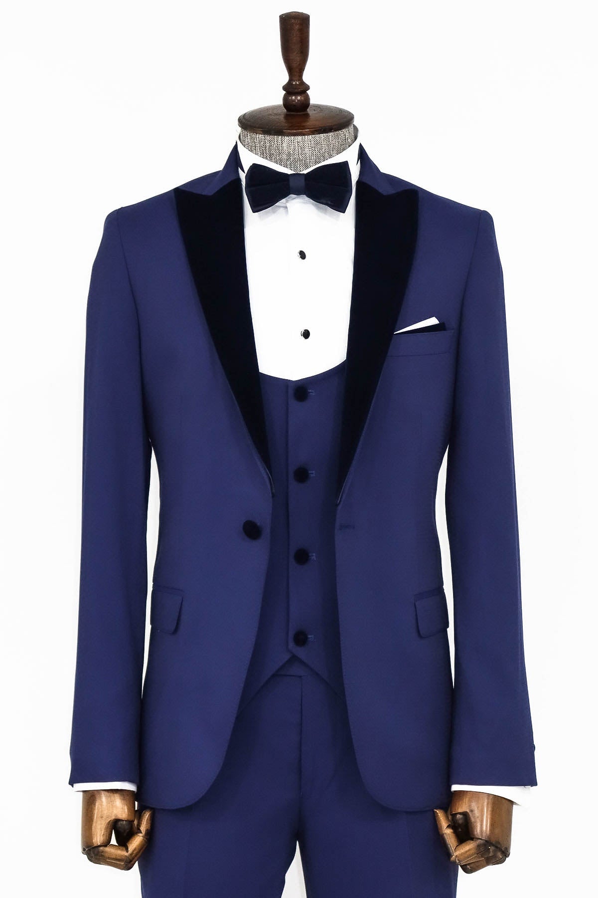 Kadife Yaka Slim Fit Mavi Erkek Damatlık - Wessi