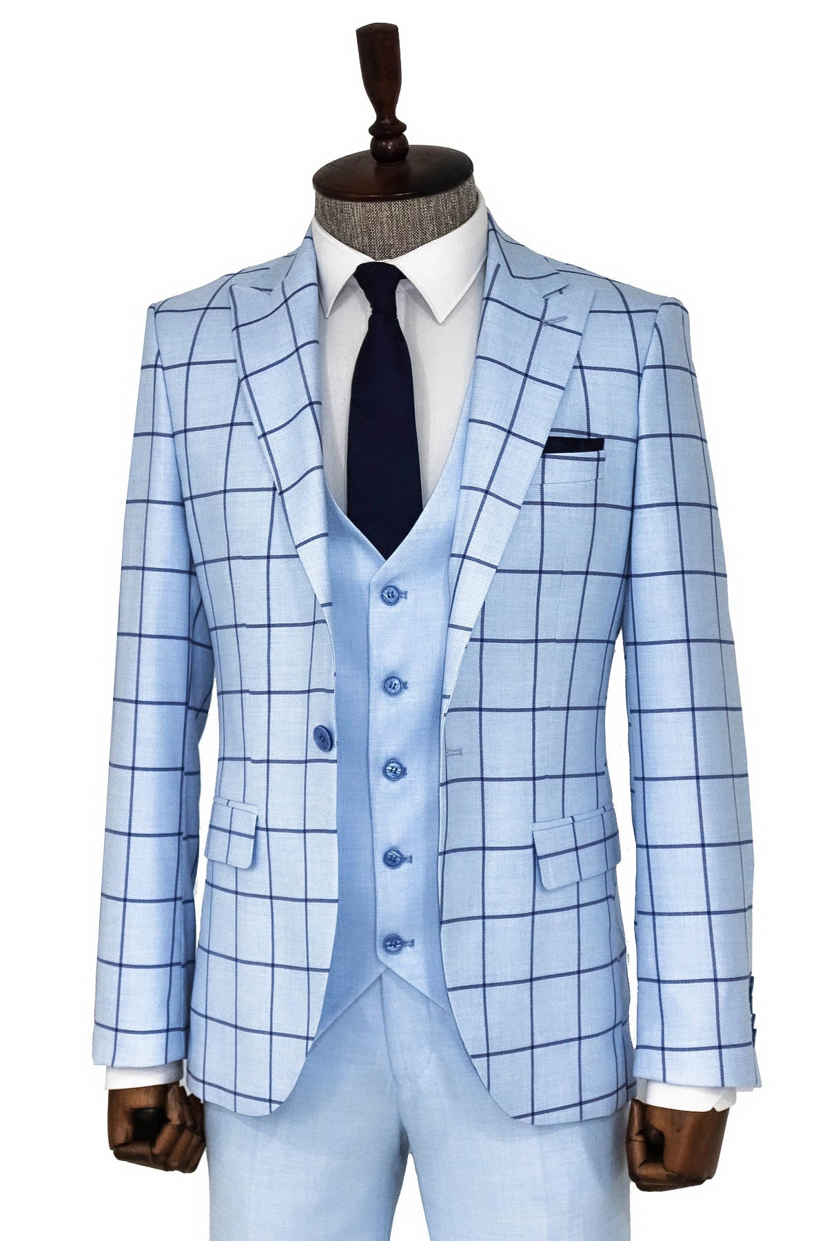 Ekose Ceketli Slim Fit Açık Mavi Erkek Kombinli Takım Elbise - Wessi