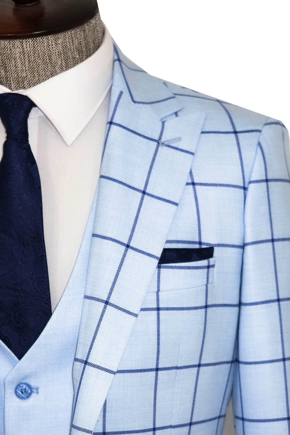 Ekose Ceketli Slim Fit Açık Mavi Erkek Kombinli Takım Elbise - Wessi