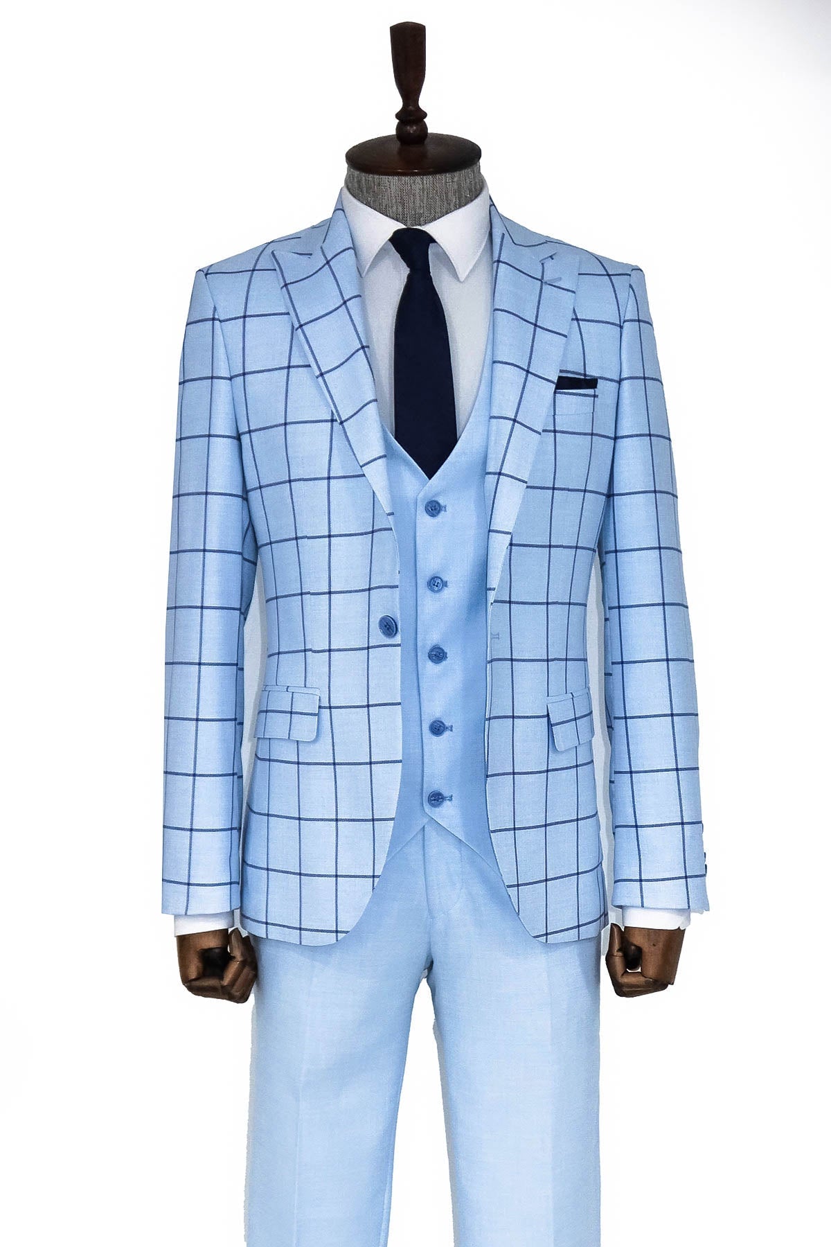 Ekose Ceketli Slim Fit Açık Mavi Erkek Kombinli Takım Elbise - Wessi