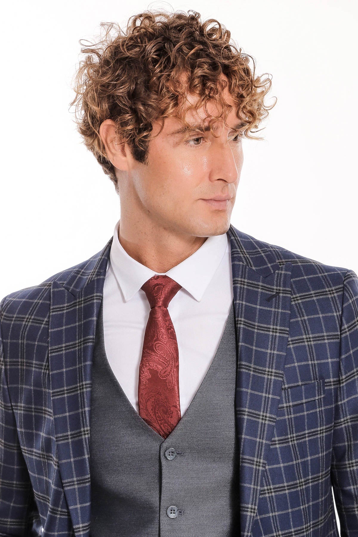 Mavi Yelekli Slim Fit Ekose Lacivert Erkek Takım Elbise - Wessi