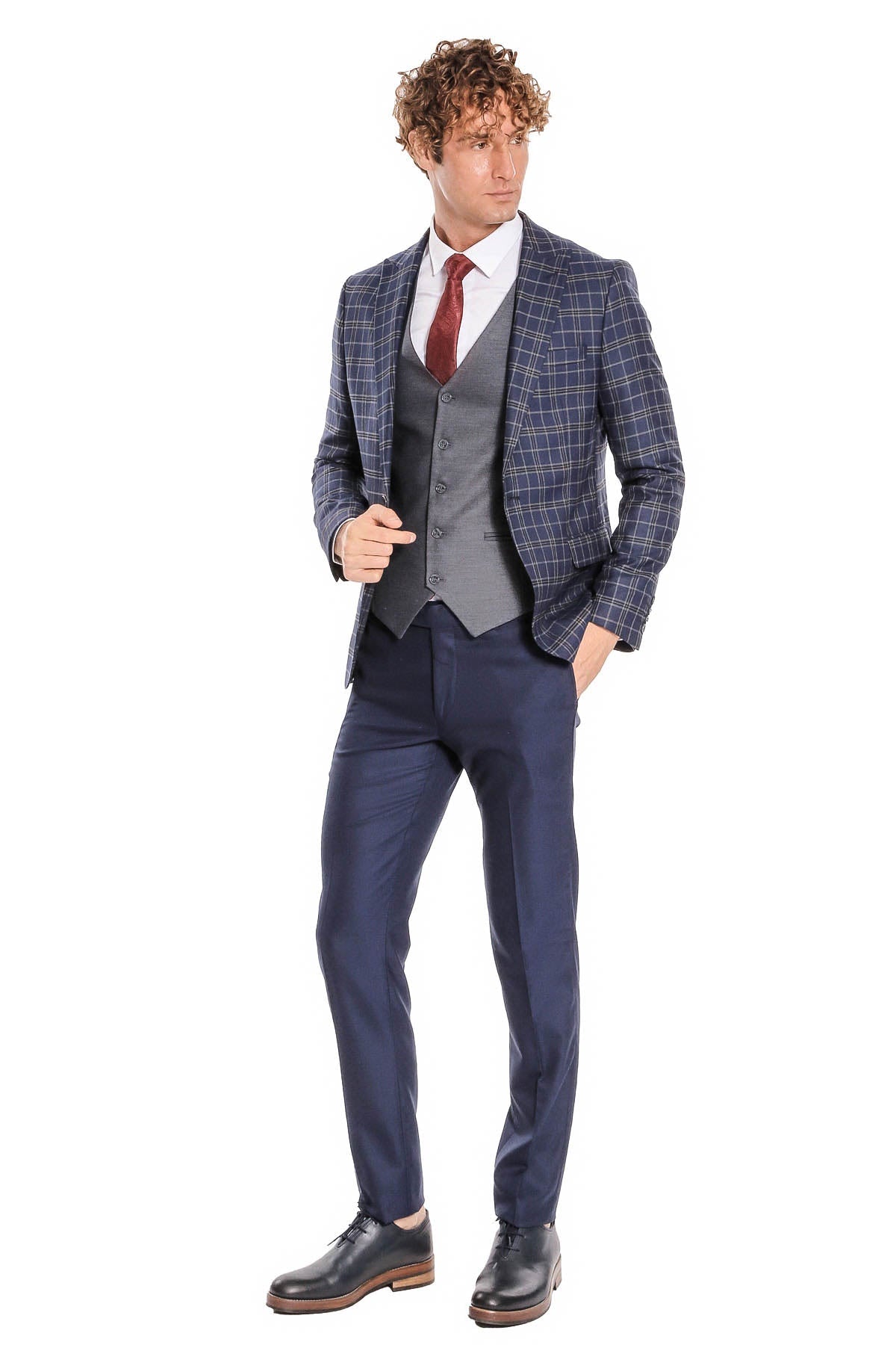 Mavi Yelekli Slim Fit Ekose Lacivert Erkek Takım Elbise - Wessi