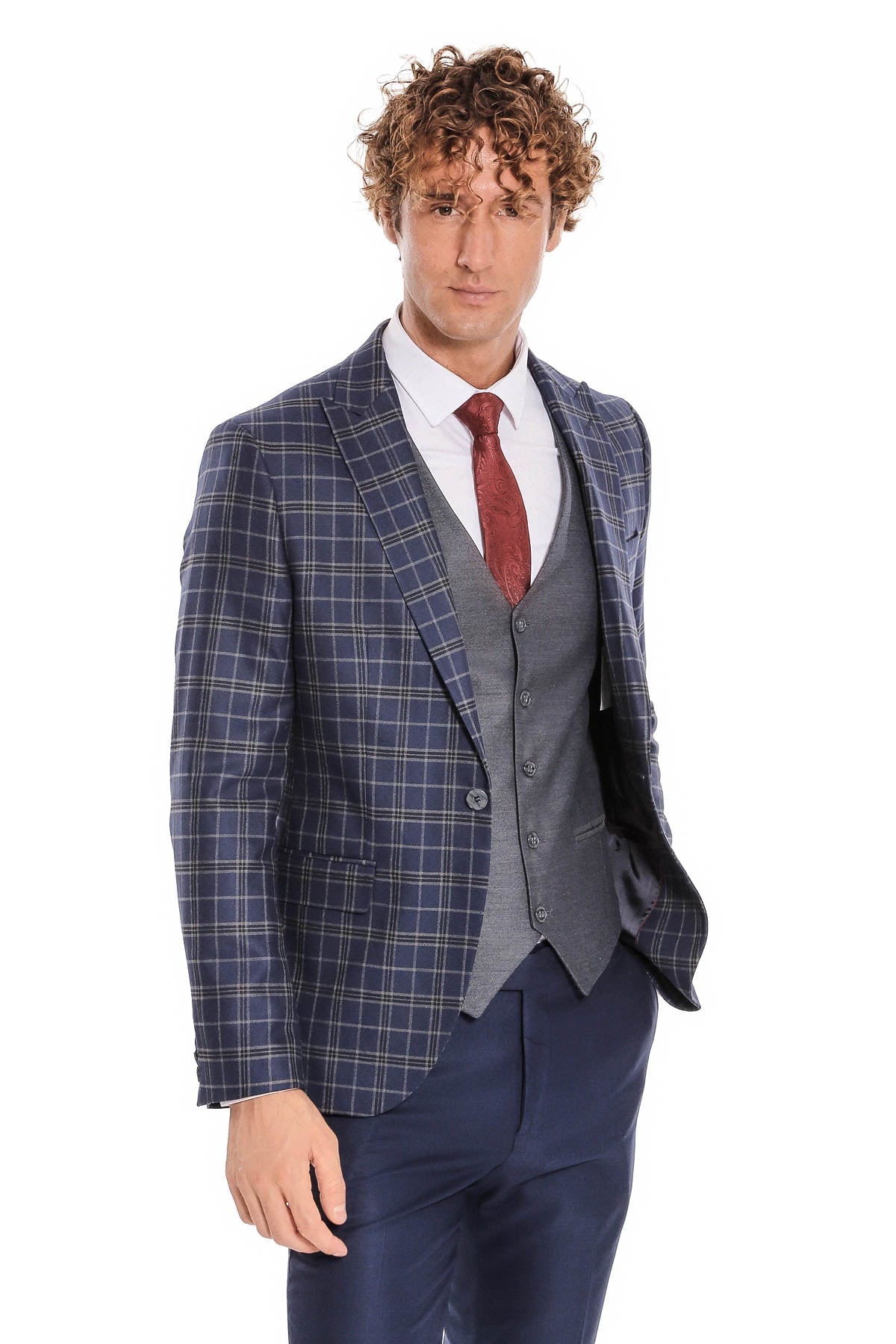 Mavi Yelekli Slim Fit Ekose Lacivert Erkek Takım Elbise - Wessi