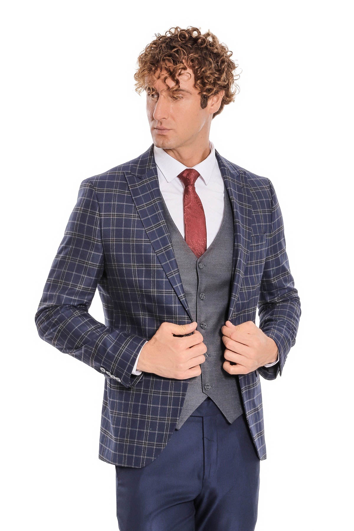 Mavi Yelekli Slim Fit Ekose Lacivert Erkek Takım Elbise - Wessi