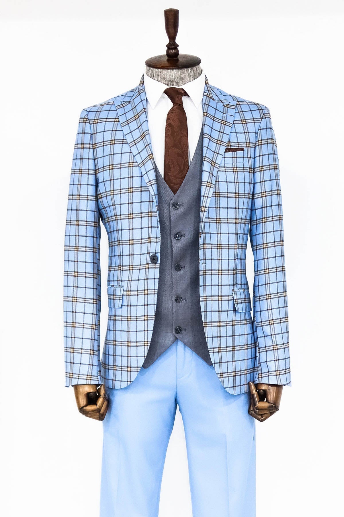 Gri Yelekli Slim Fit Ekose Açık Mavi Erkek Takım Elbise - Wessi