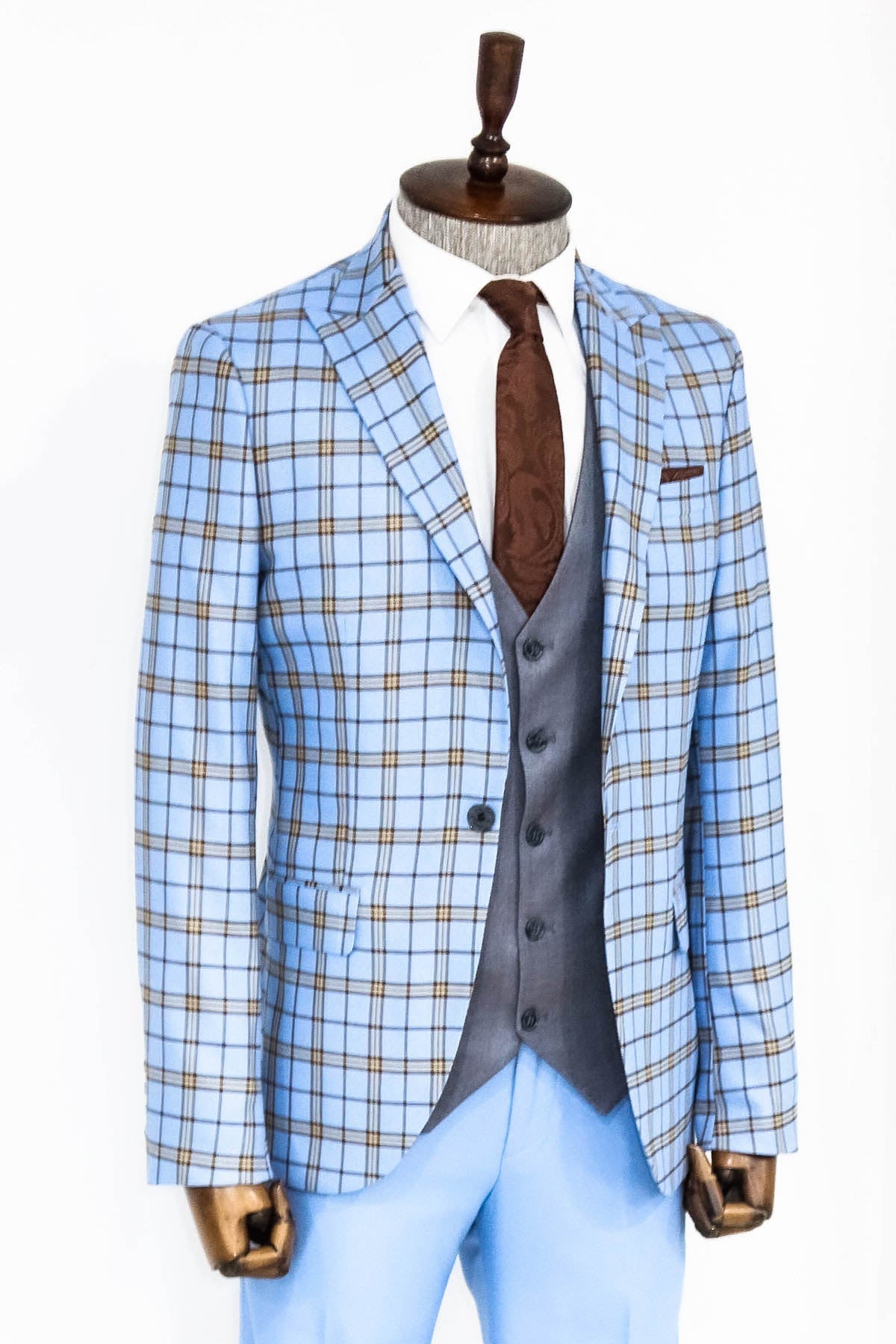 Gri Yelekli Slim Fit Ekose Açık Mavi Erkek Takım Elbise - Wessi