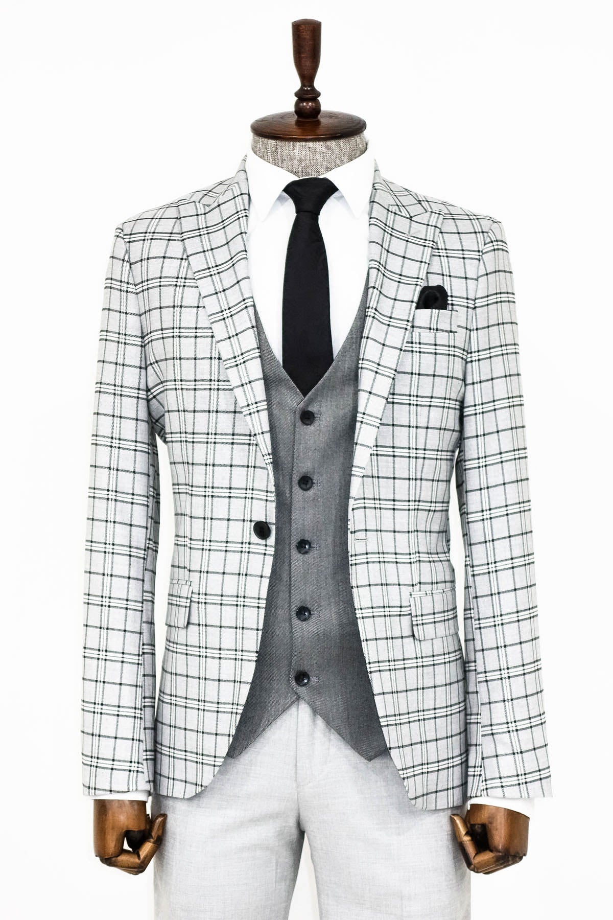 Gri Yelekli Slim Fit Ekose Açık Gri Erkek Takım Elbise - Wessi