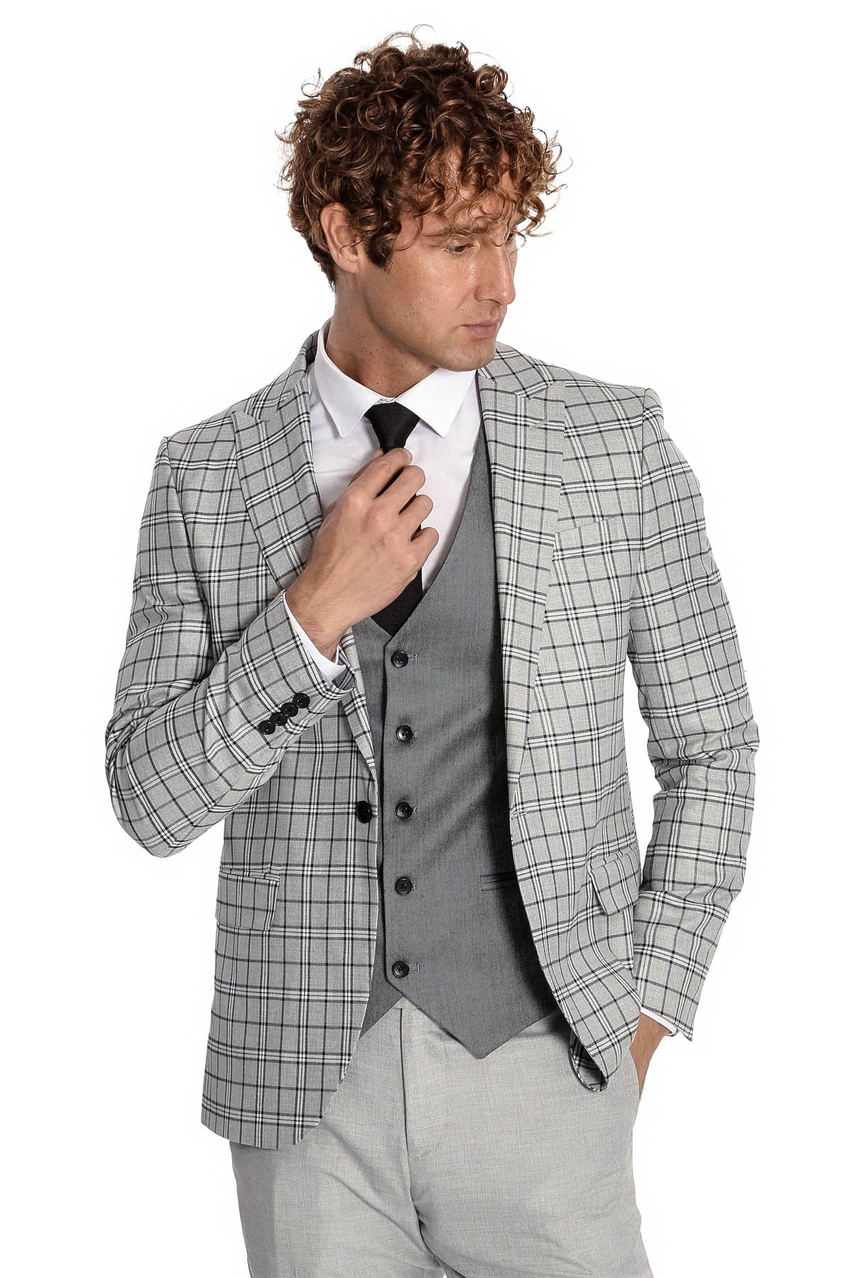 Gri Yelekli Slim Fit Ekose Açık Gri Erkek Takım Elbise - Wessi