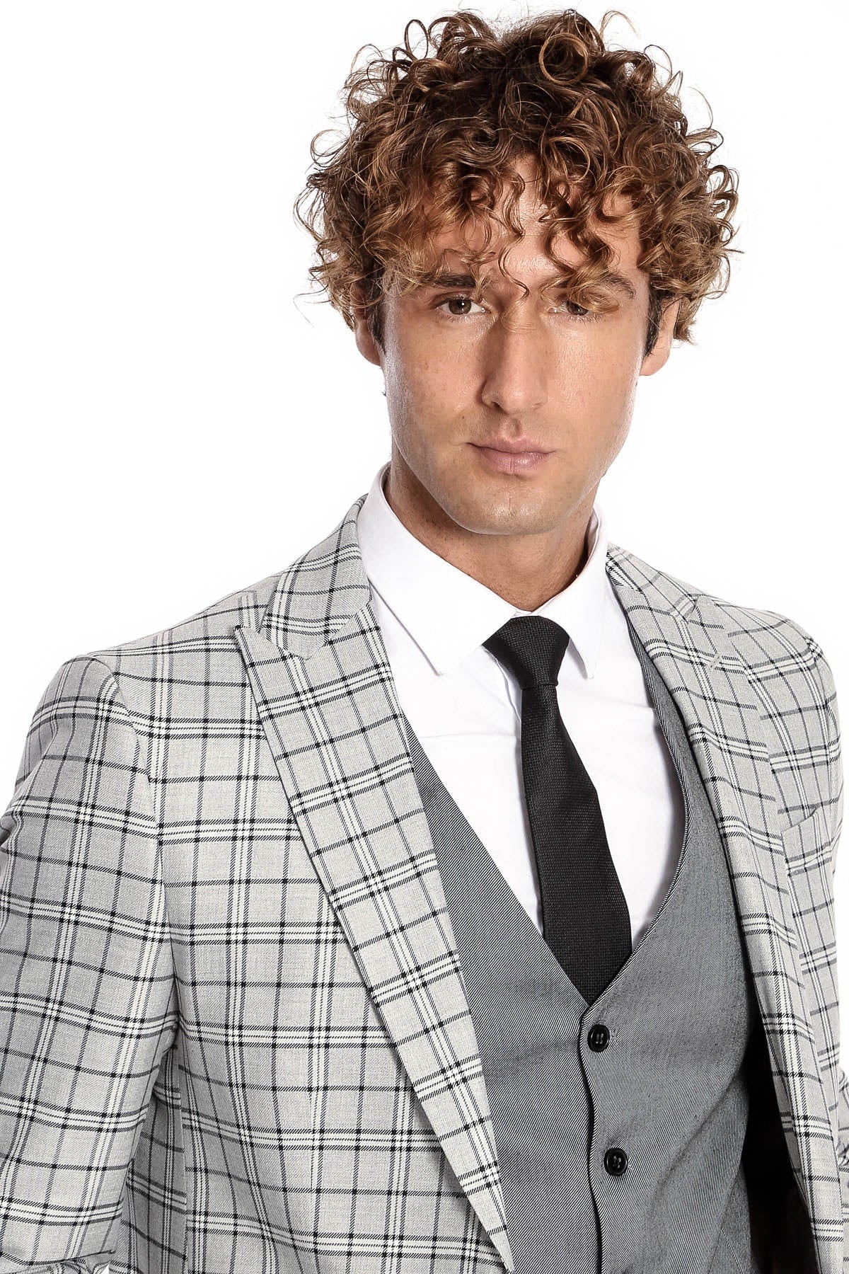 Gri Yelekli Slim Fit Ekose Açık Gri Erkek Takım Elbise - Wessi