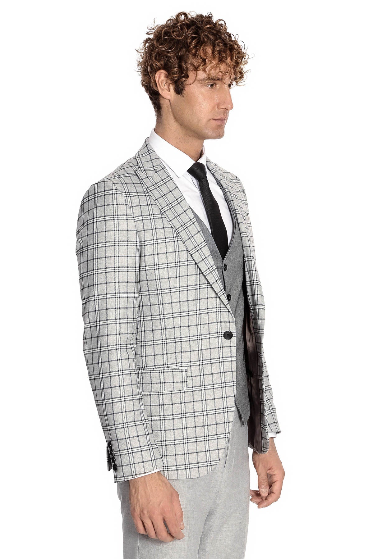 Gri Yelekli Slim Fit Ekose Açık Gri Erkek Takım Elbise - Wessi