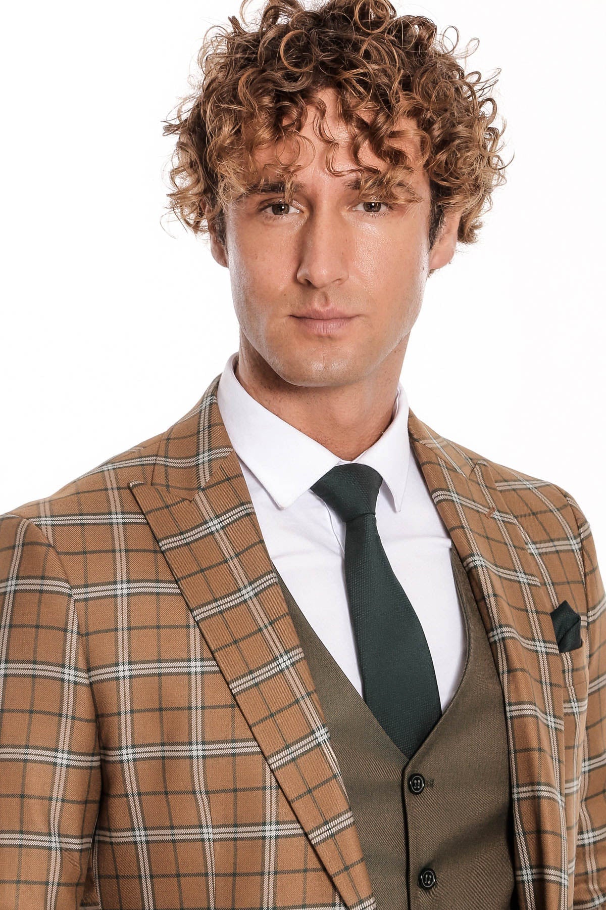 Kahverengi Yelekli Slim Fit Ekose Taba Erkek Takım Elbise - Wessi