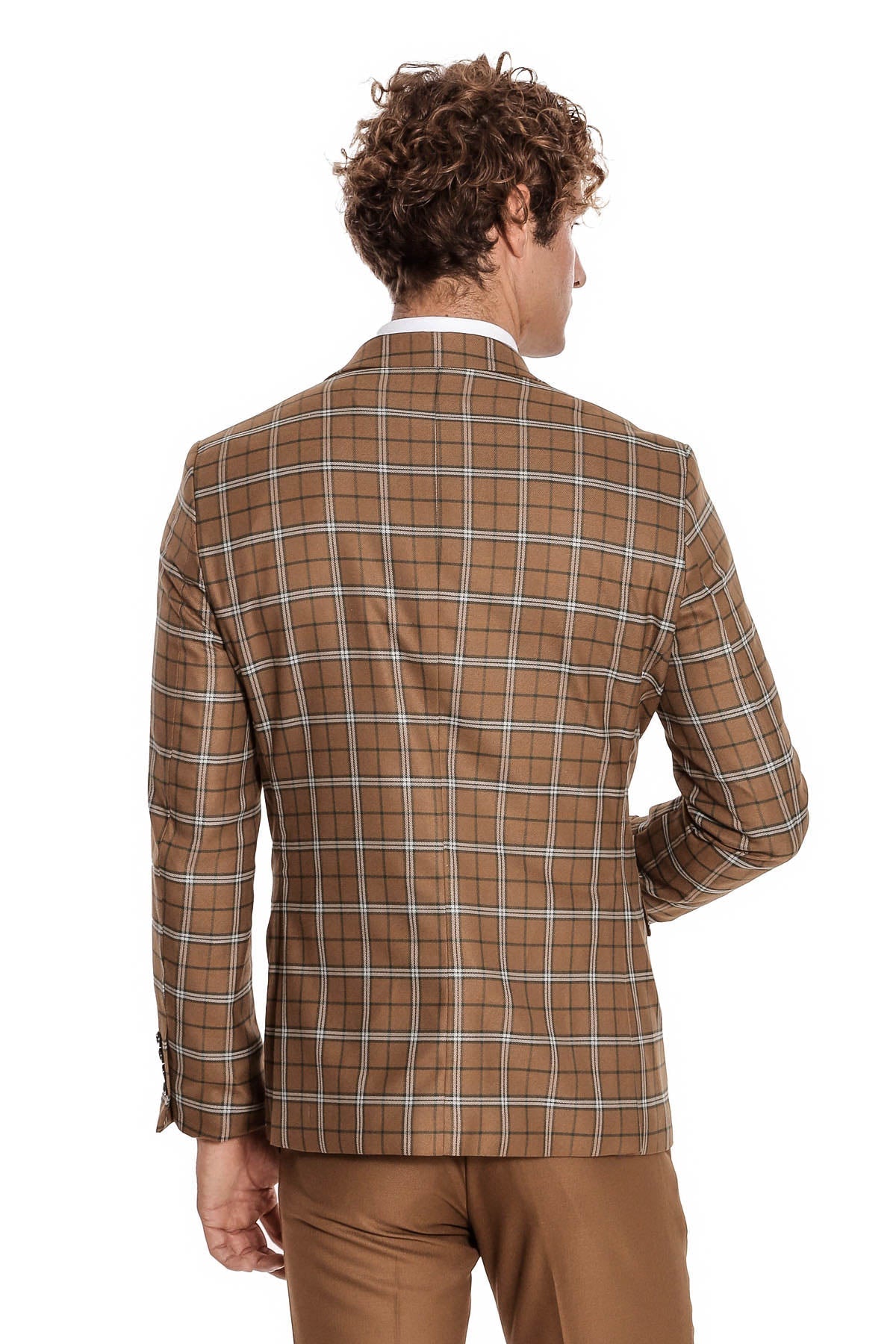 Kahverengi Yelekli Slim Fit Ekose Taba Erkek Takım Elbise - Wessi