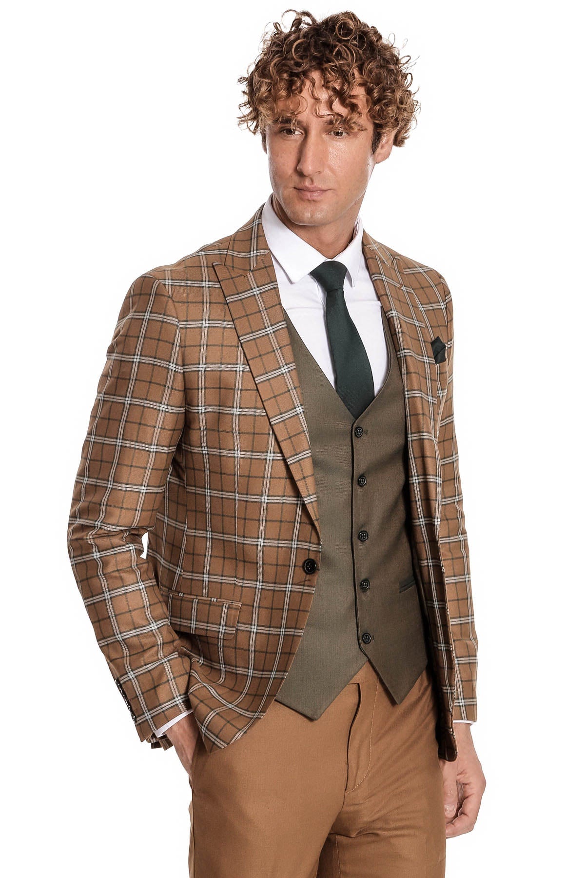 Kahverengi Yelekli Slim Fit Ekose Taba Erkek Takım Elbise - Wessi